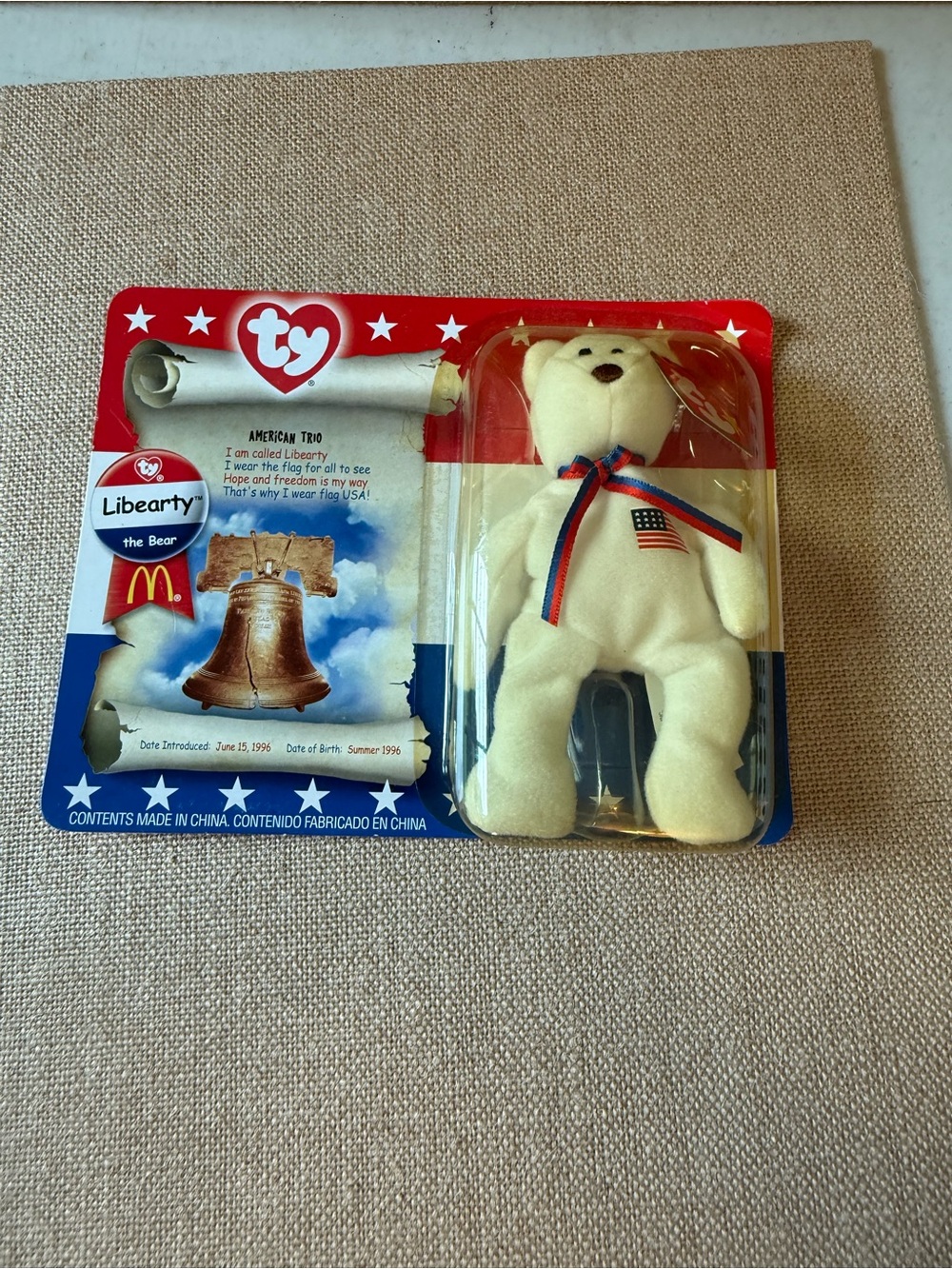 Ty Libearty Cream Collectible Bear with Flag Ribbon - Ty McDonald's Promo